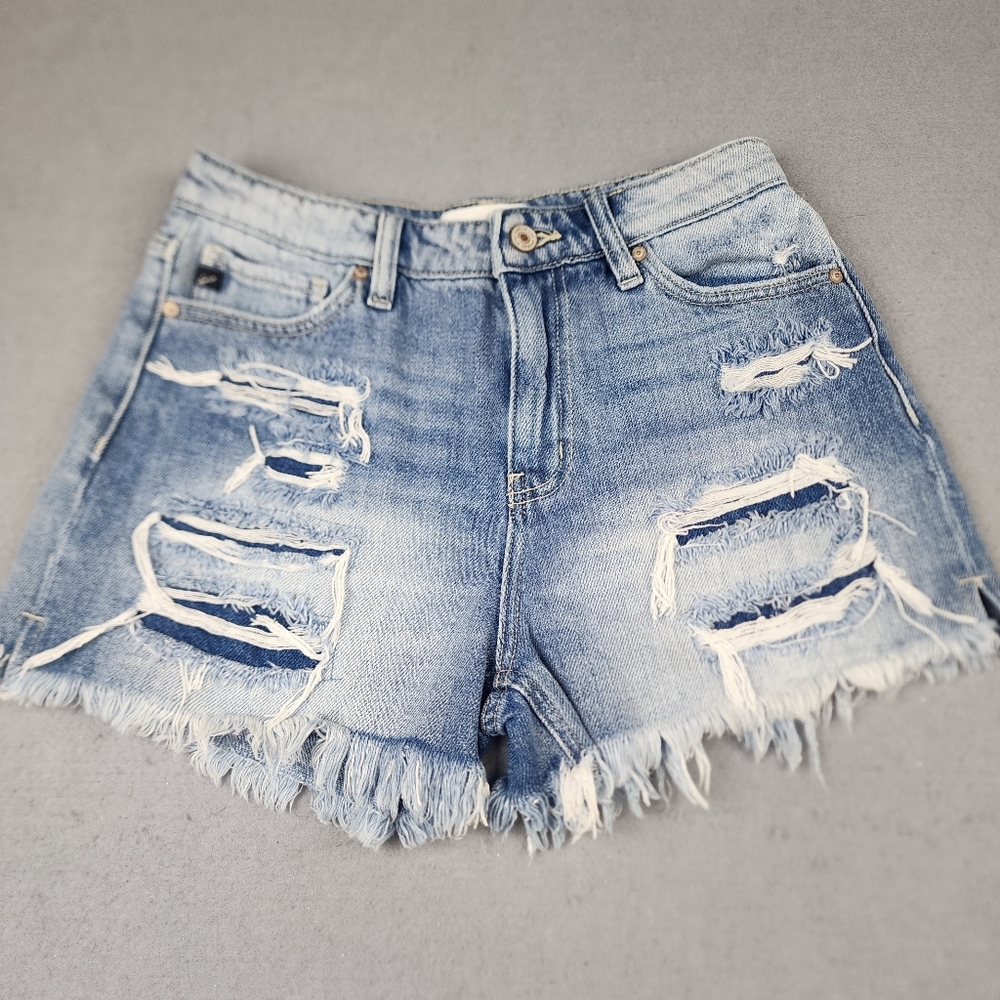 KanCan Distressed Y2K Short Shorts Fringed 5 Pocket Womens 5 Light Blue
